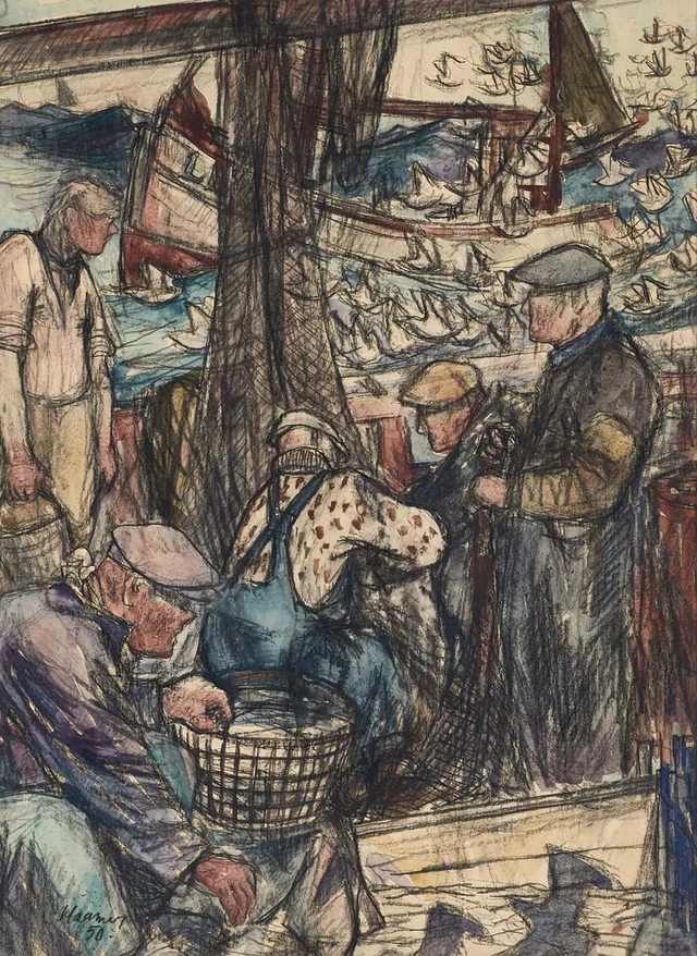 ERIK HAAMER (Estland 1908-1994 Sverige), Fiskare till havs, signerad och daterad Haamer -50, blandteknik på papper.