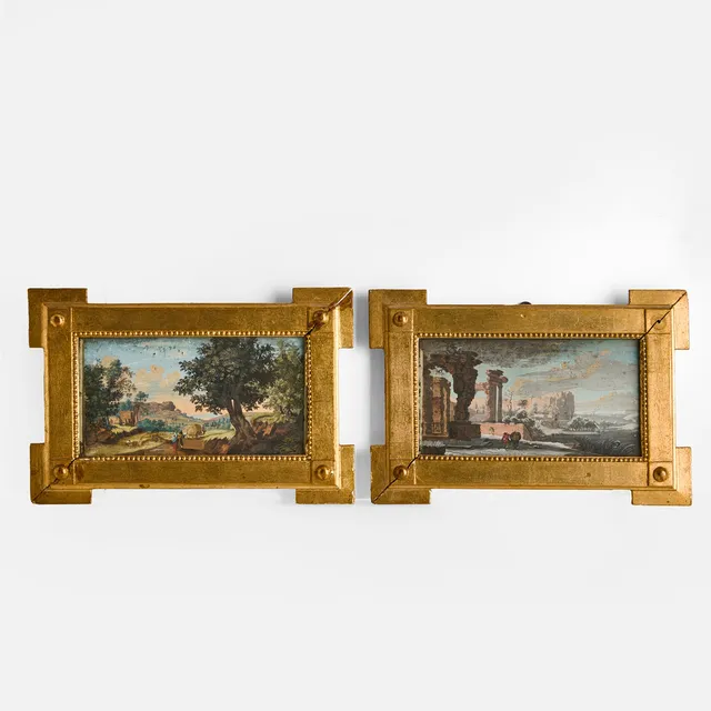 ITALIENSK SKOLA, 1700-tal, (2): Pastorala landskap med ruiner och figurstaffage, gouacher i förgyllda ramar.