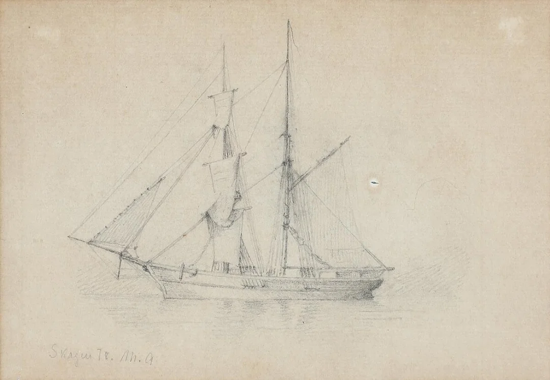 Michael Ancher: Study of a ship. Signed and dated M. A. Skagen 78. Pencil on paper. Sheet size 12×18 cm. — Prints & Drawings — Bruun Rasmussen