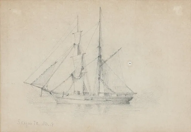 Michael Ancher: Study of a ship. Signed and dated M. A. Skagen 78. Pencil on paper. Sheet size 12×18 cm.