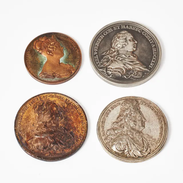 MEDALJER, 4 st., brons, metall, 18/1900-tal.