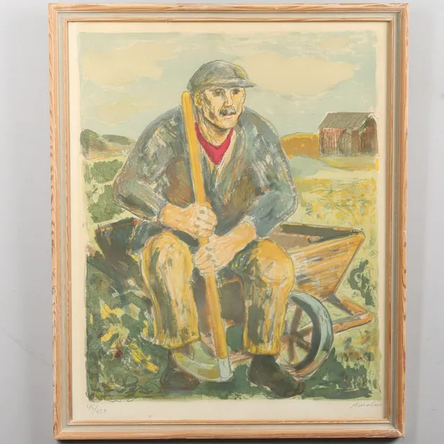 ALBIN AMELIN (1902-1975), "Lantarbetare", färglitografi, signerad, numrerad 45/250.