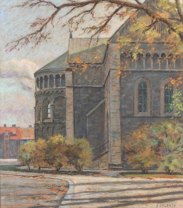 EDDIE VALENTA. Pastell. Lundamotiv med domkyrkan. Signerad.