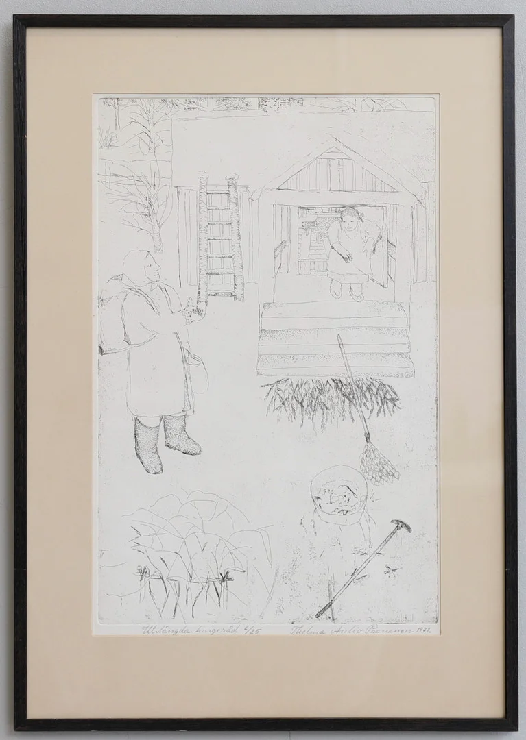 THELMA AULIO PAANANEN. Etsning, ”Utslängda husgeråd”, signerad, numrerad 6/25 och daterad -71. — Engravings & Prints — Gomér & Andersson Nyköping
