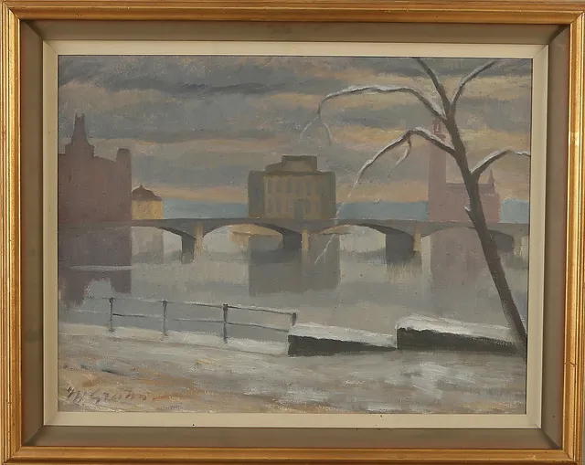 HJALMAR GRAHN. Vy mot Strömsborg (Stockholm), olja på pannå, signerad.