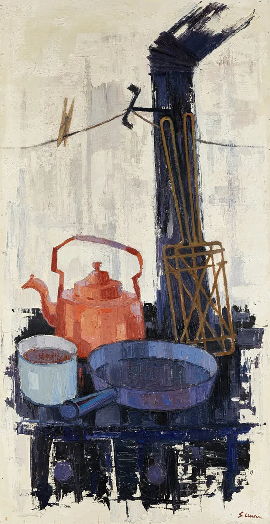 SVEN LINDER (Uppsala 1919-2007 Vallentuna), "Uppställning på spis", olja på pannå.