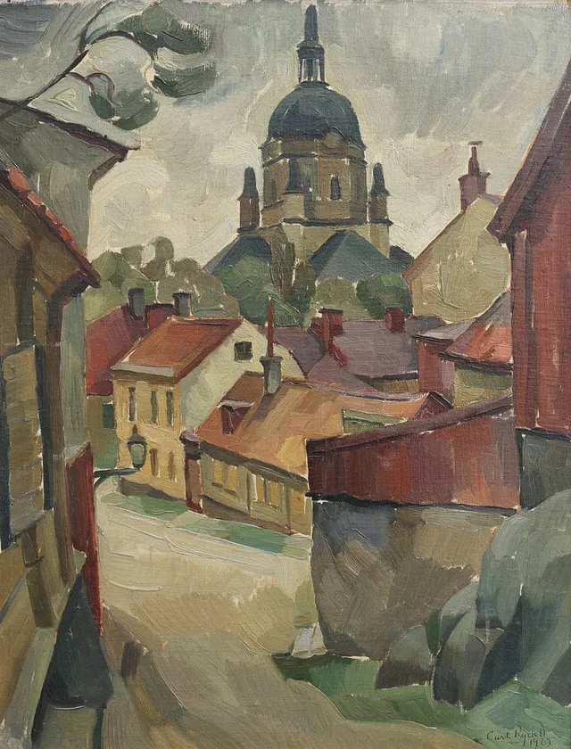 CURT RYDELL 1901-1967. OLJA PÅ PANNÅ, KATARINA KYRKA, STOCKHOLM, SIGNERAD OCH DATERAD 1925.