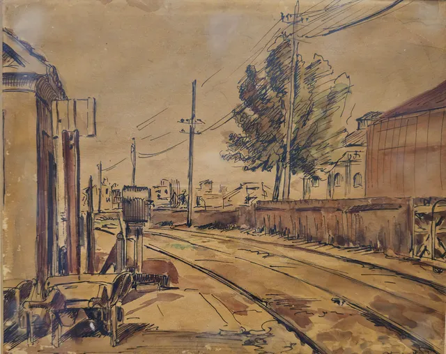 GUILLEM FRESQUET BARDINA. VIA DE TREN. ACUARELA SOBRE PAPEL. FECHADA.