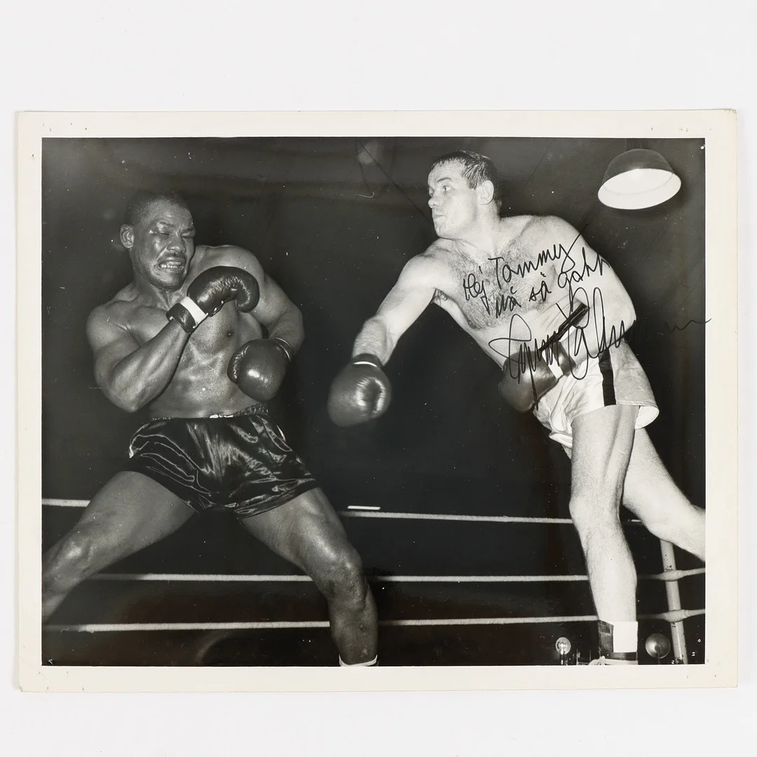 INGEMAR JOHANSSON Fotografi med autograf och dedikation. — Sports memorabilia — Karlstad Hammarö Auktionsverk