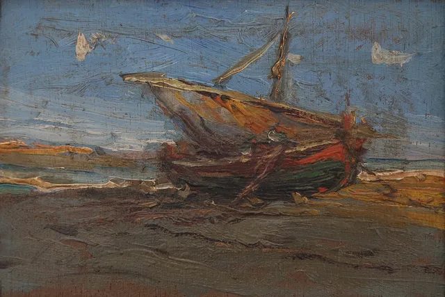 JOAQUÍN ASENSIO MARINÉ. Seaside view with a boat.