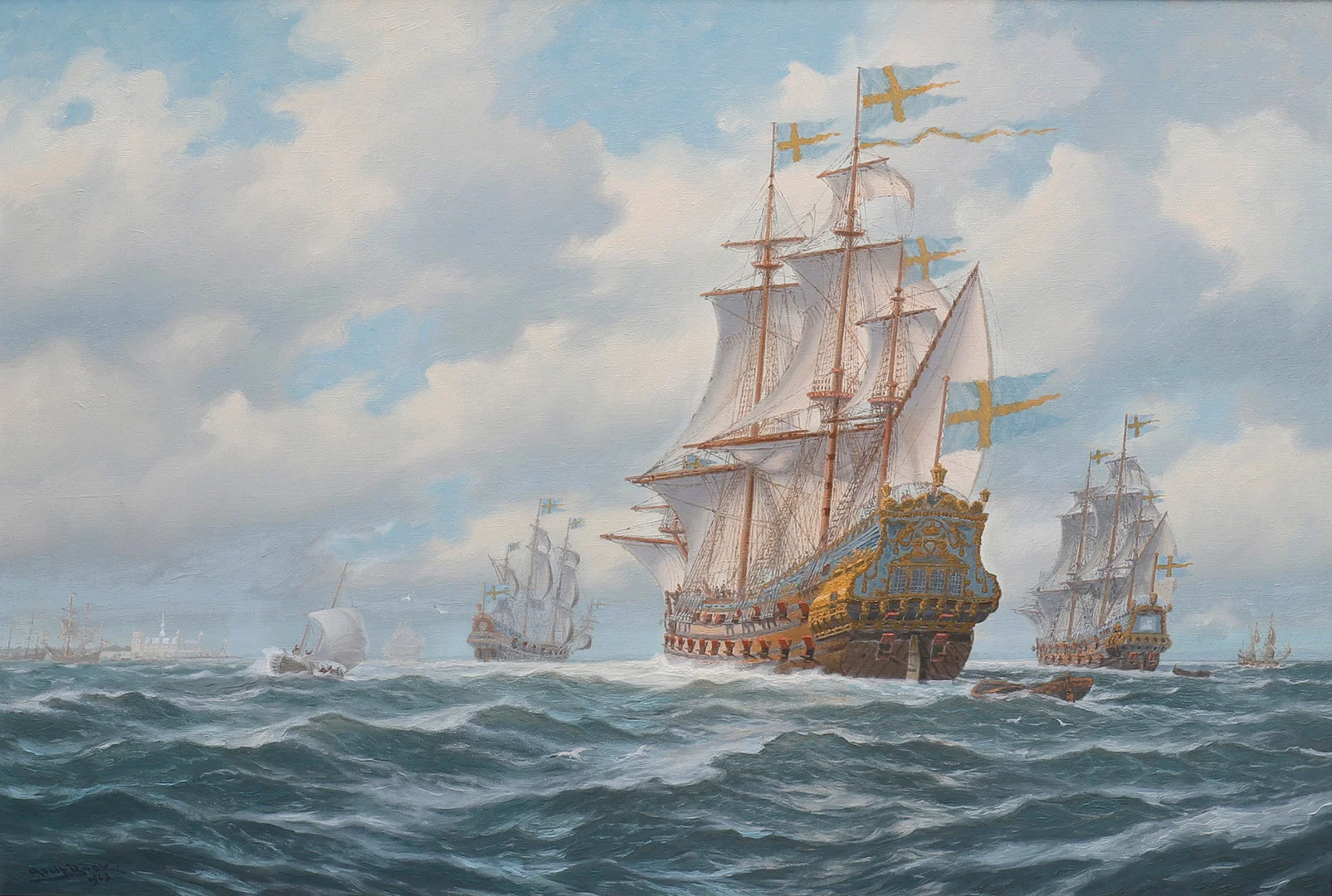ADOLF BOCK. "ESKADER GENOM ÖRESUND". — Paintings — Crafoord Auktioner Lund