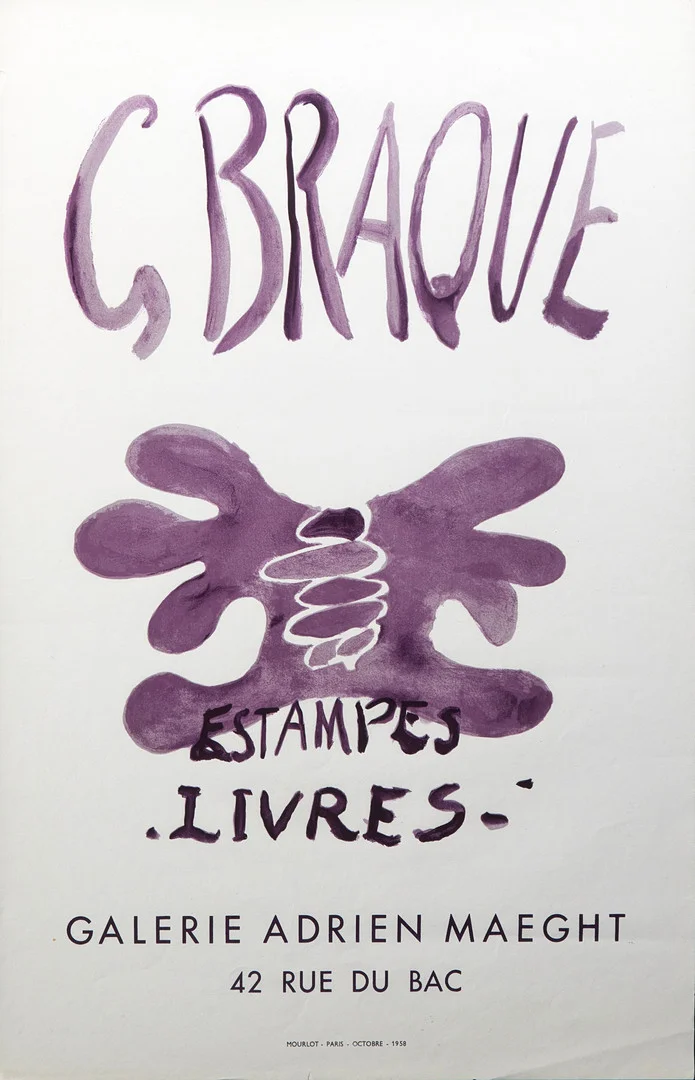 UTSTÄLLNINGSAFFISCH, "Braque Estampes Livres" Galerie Adrien Maeght Paris. Mourlot Paris Octobre 1958. — Engravings & Prints — Stockholms Auktionsverk Magasin 5