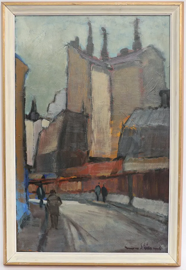 GUNNAR STÅLBRAND. Stadsbild, oljemålning på pannå, signerad.