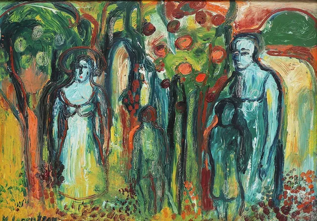 MONICA LORENTZON. Oljemålning, signerad, pannå, figurer.