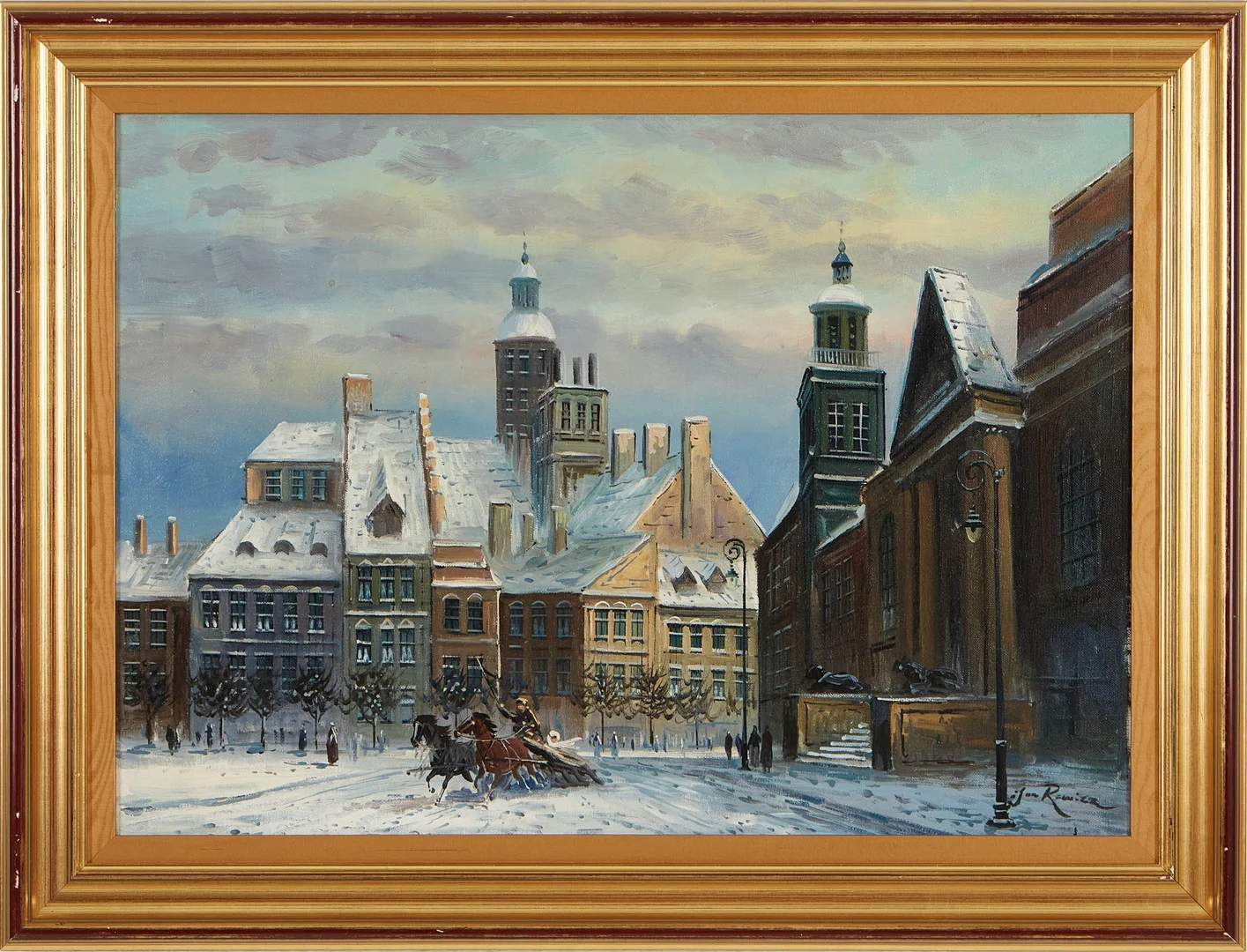 JAN RAWICZ. Olja på duk, stadsmotiv i vintermiljö, signerad. — Paintings — Stockholms Auktionsverk Magasin 5