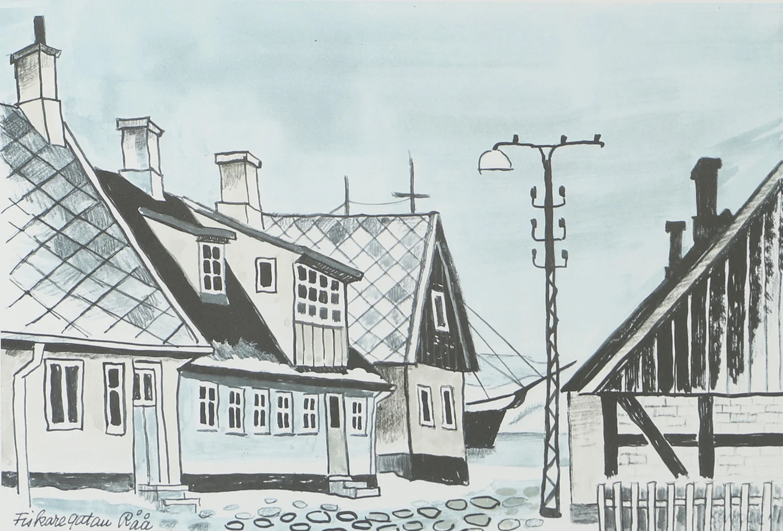GEORG CRONA. "Fiskaregatan Råå", färglitografi, signerad Crona. — Engravings & Prints — Helsingborgs Auktionskammare