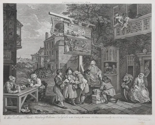 WILLIAM HOGARTH. 'The Election', 1-4, serie om 4 blad, gravyr, 1755, 1757-1758.