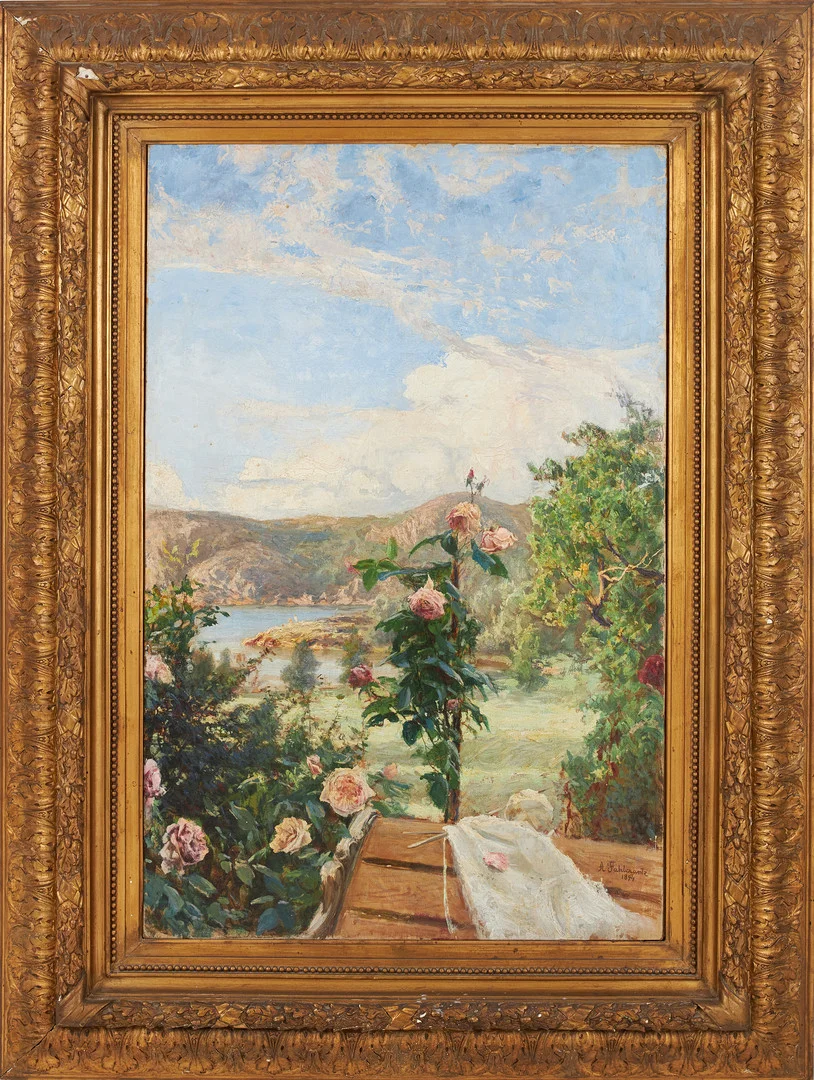 AXEL FAHLCRANTZ. "Sommar", olja på duk lagd på pannå, signerad och daterad A. Fahlcrantz 1894. — Paintings — Stockholms Auktionsverk Sickla