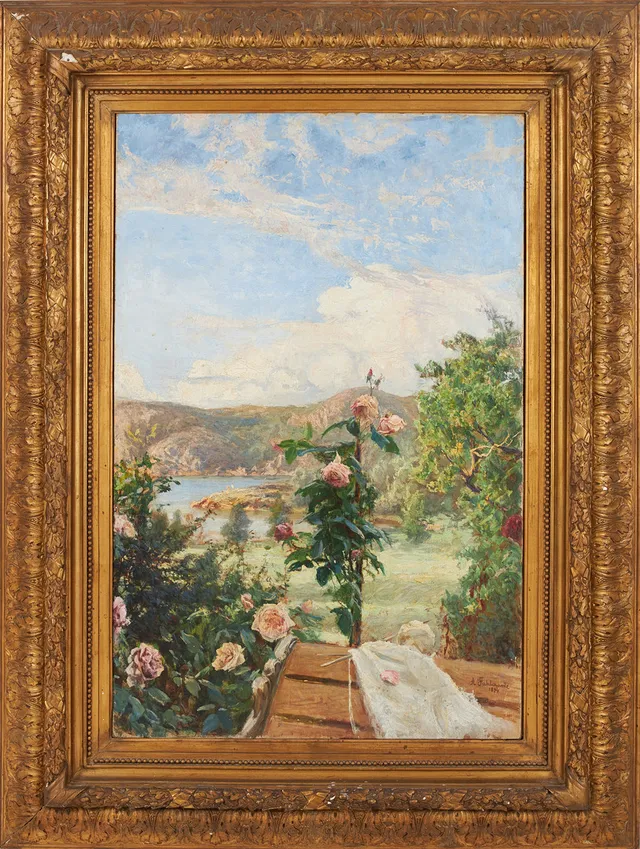 AXEL FAHLCRANTZ. "Sommar", olja på duk lagd på pannå, signerad och daterad A. Fahlcrantz 1894.
