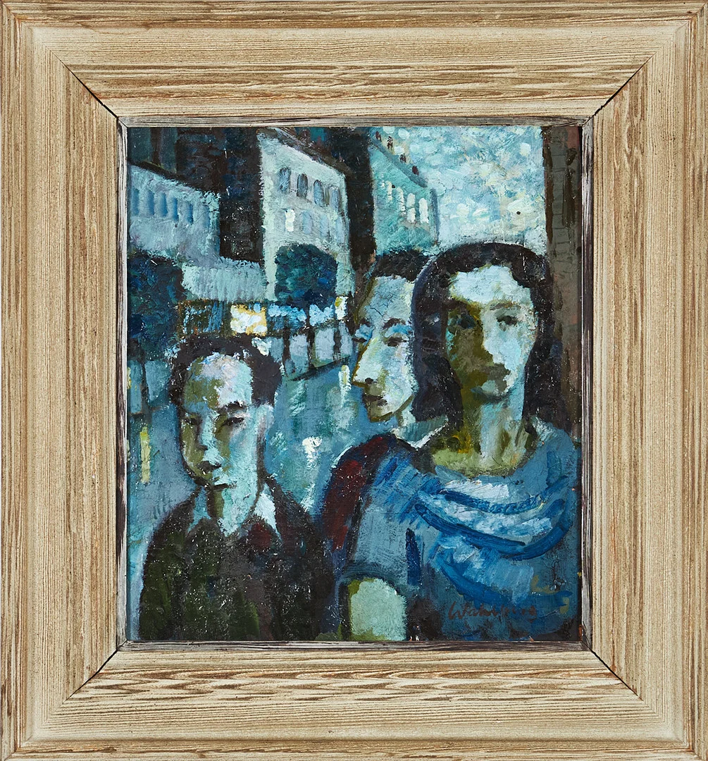 BERTIL WAHLBERG. Figurer i stadsmiljö, olja på pannå, signerad. — Paintings — Stockholms Auktionsverk Magasin 5