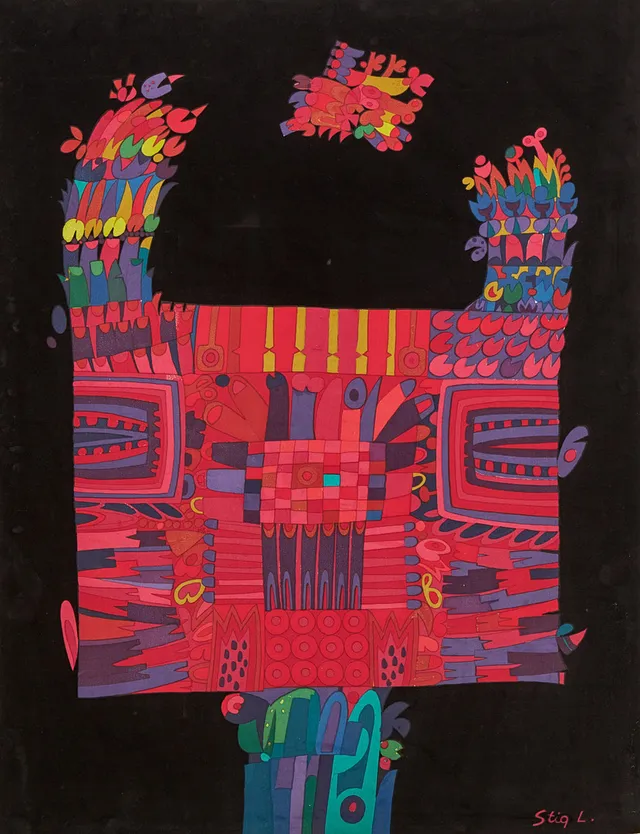 STIG LINDBERG. Komposition, sammet, textiltryck, 1960-tal.