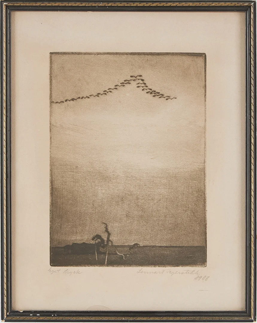 LENNART SEGERSTRÅLE. Fågelsträck, signerad samt daterad 1908, etsning. — Engravings & Prints — Stockholms Auktionsverk Magasin 5