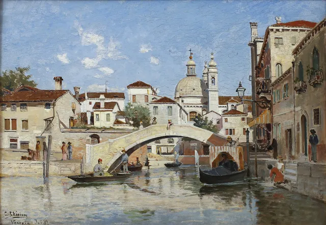 CARL SKÅNBERG (1850-1883). Kanal i Venedig. Olja på pannå.