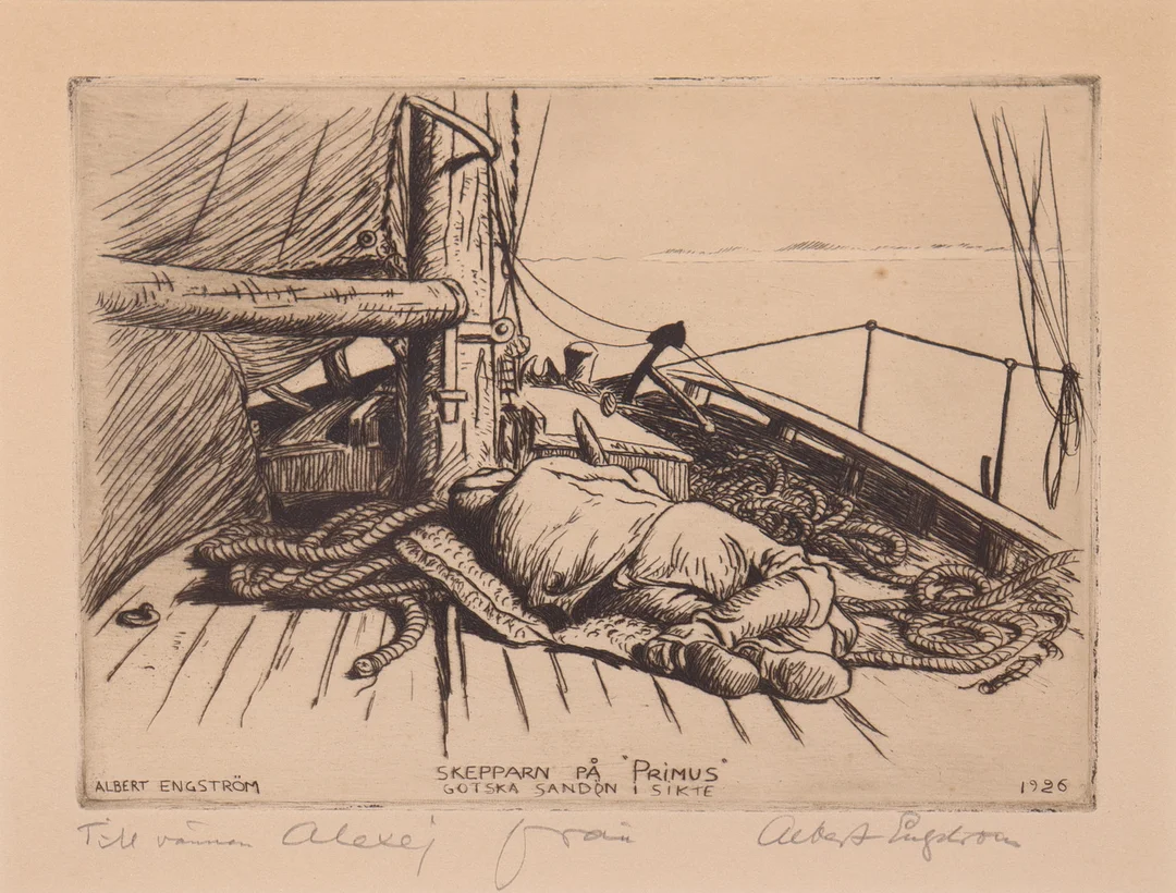 ALBERT ENGSTRÖM. etsning, "Skepparn på "Primus" gotska Sandön i sikte". — Engravings & Prints — Markus Auktioner