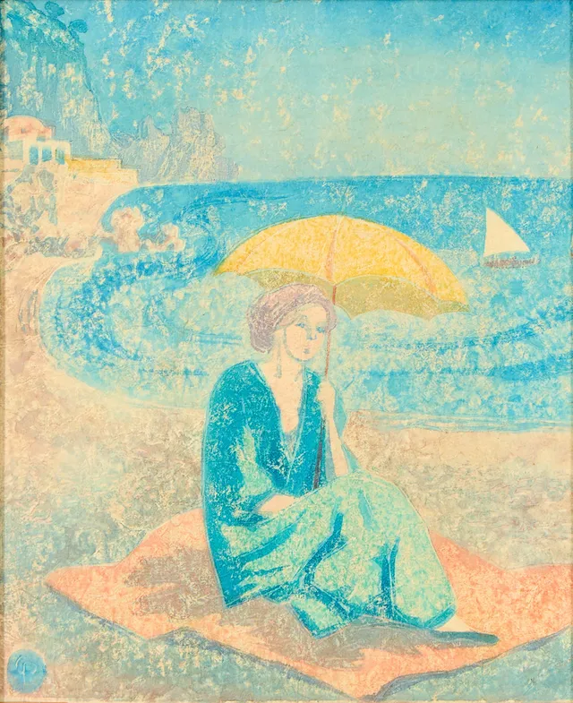 CARL PALME (1879-1960). Träsnitt, dam på strand med parasoll, signerad CP.