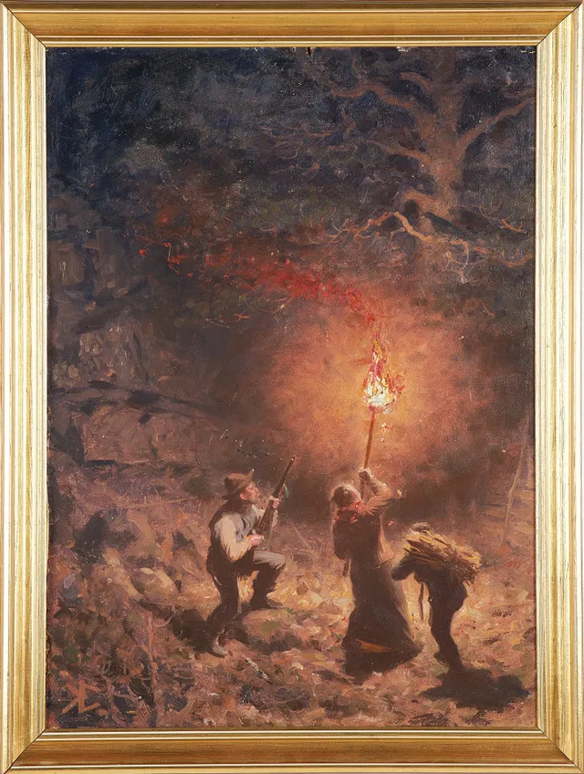 KNUT EKWALL (1843-1912). Jaktscen, monogramsignerad, olja på duk uppsatt på pannå.