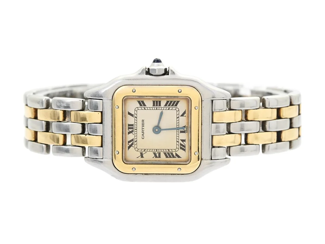 CARTIER, Panthère, Cal 157, Boett nr. 6692143829, damur, 22 x 22 (30) mm, stål/guld, quartz, safirglas (repor/nagg), skadad urtavla, defekt (går ej, akut servicebehov), originallänk (skadad se förjudpad info, 2-radig), viklås, längd 150 mm, ca 1986. — Klockor/Cartier — Kaplans