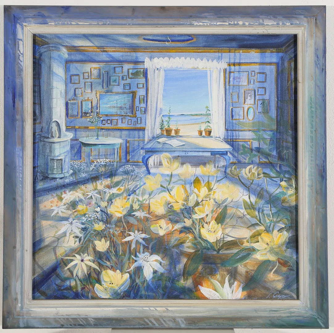 LARS GREGER (F. 1953). Soloplyst stue med blomster, olie på lærred. — Paintings — Bidstrup Auktioner