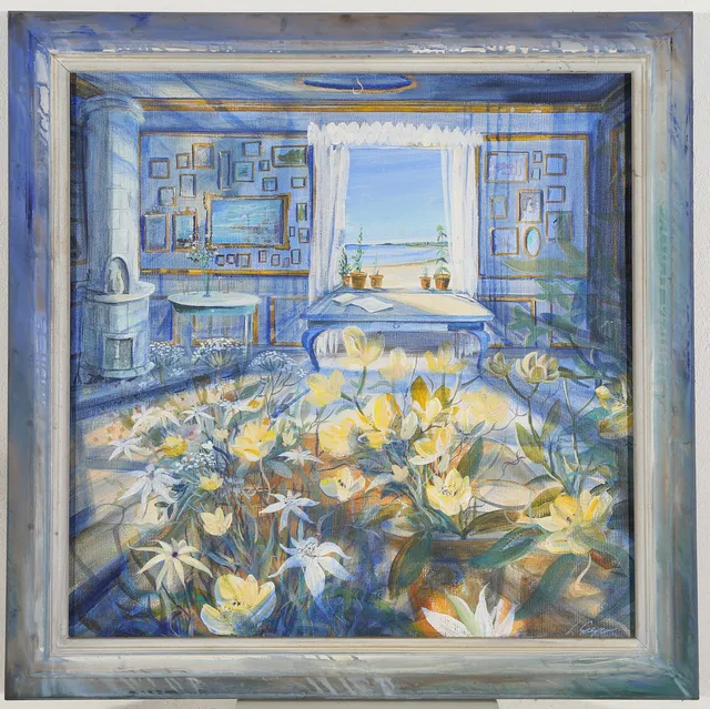 LARS GREGER (F. 1953). Soloplyst stue med blomster, olie på lærred.