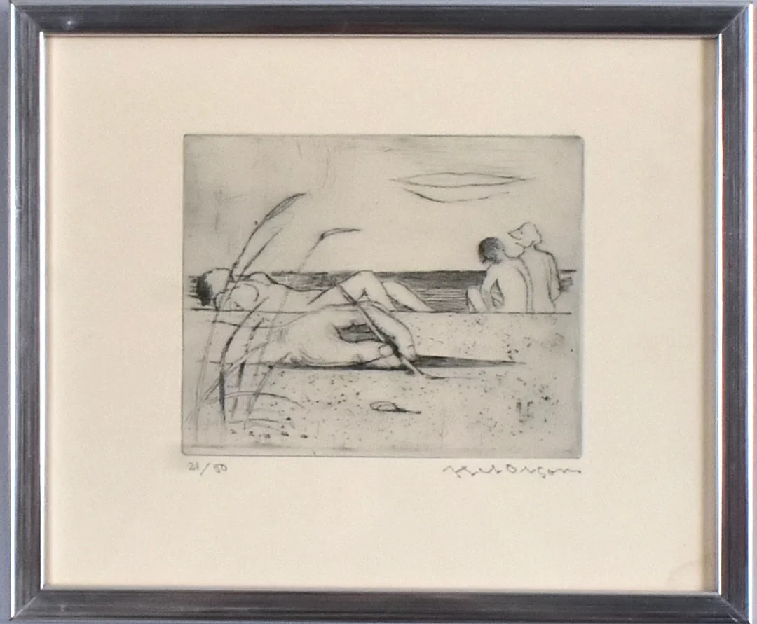 AXEL OLSON. etsning, surrealistisk komposition med kvinnor på strand. — Engravings & Prints — Halmstads Auktionskammare