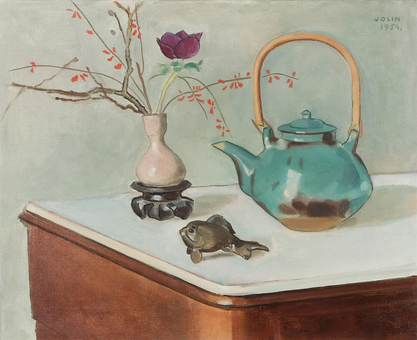 EINAR JOLIN. Oljemålning på duk. Stilleben med tekanna, figurin samt blommor i vas. Signerad och daterad 1954. — Paintings — Skånes Auktionsverk