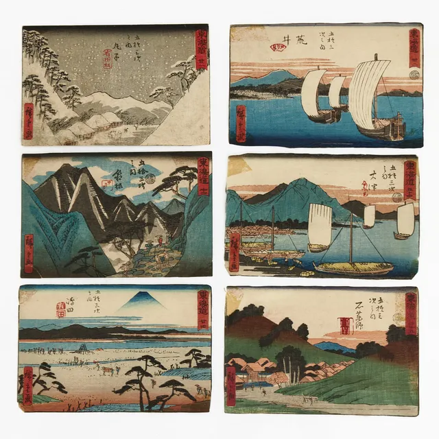 HIROSHIGE (1797-1858), 9 st, landskapsvyer, interiör i träsnitt ur olika böcker/e-hon.