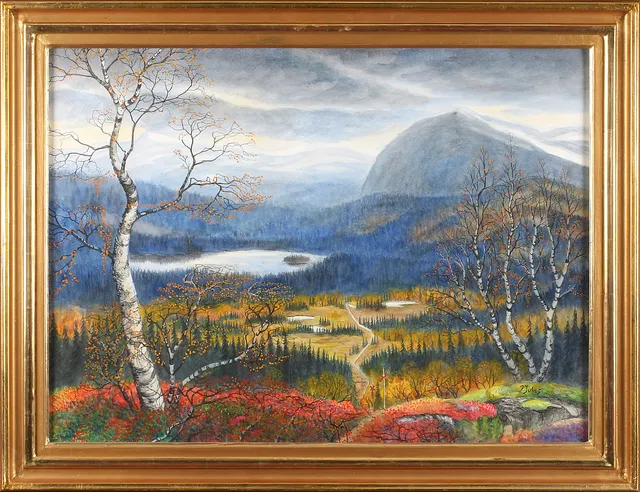 PER JULIUS. Björkar i fjällandskap, akvarell, signerad.