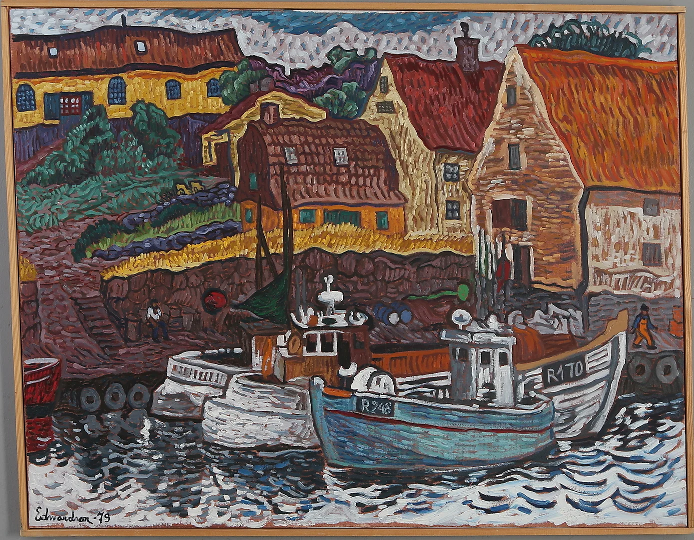 CHRISTER EDWARDSON SCHMITERLÖW. "Vid hamnen", olja på duk, signerad samt daterad -79. — Paintings — Auktionshuset Kolonn