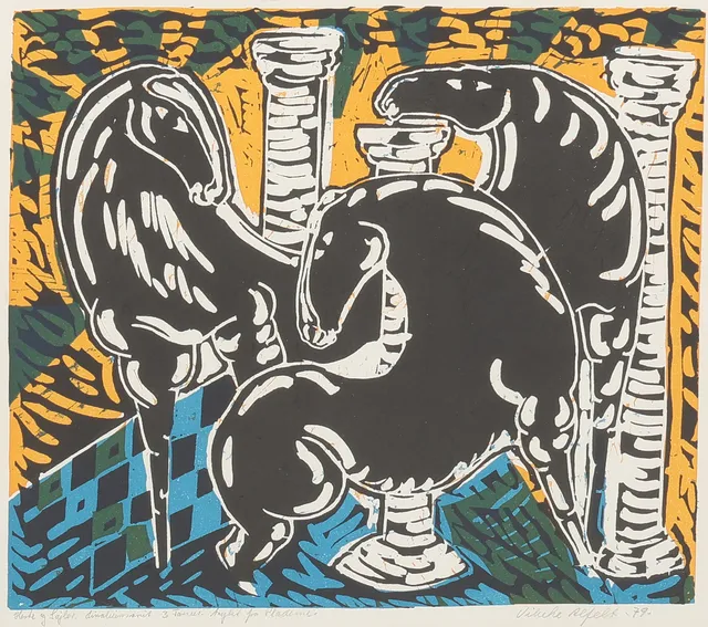 VIBEKE ALFELT (1910-74). Litografisk trykt 'Heste og søjler', linoleumssnit i tre farver, signeret og dateret 1979.