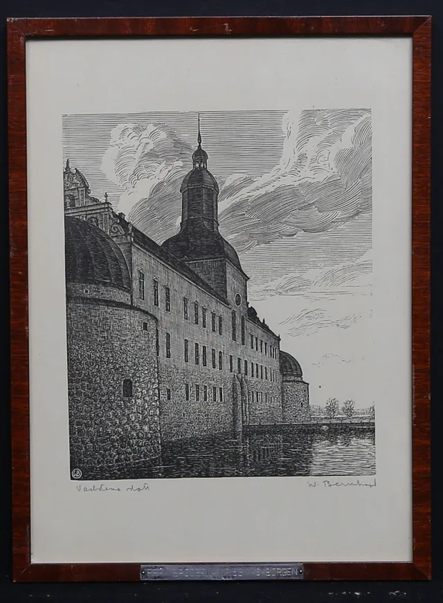 WALDEMAR BERNHARD. "Vadstena slott". Grafiskt blad, signerad.
