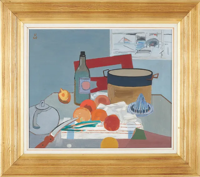 ULF WIKSTRÖM (1916-1981). Stilleben, konst i köksmiljö, olja på duk, monogramsignerad.