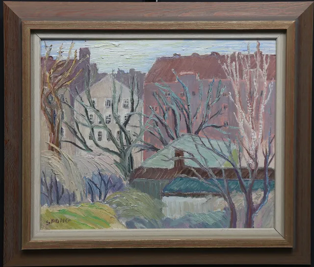 LENNART SPONG. "Vårträd III". Olja på pannå, signerad, daterad a tergo 1979.