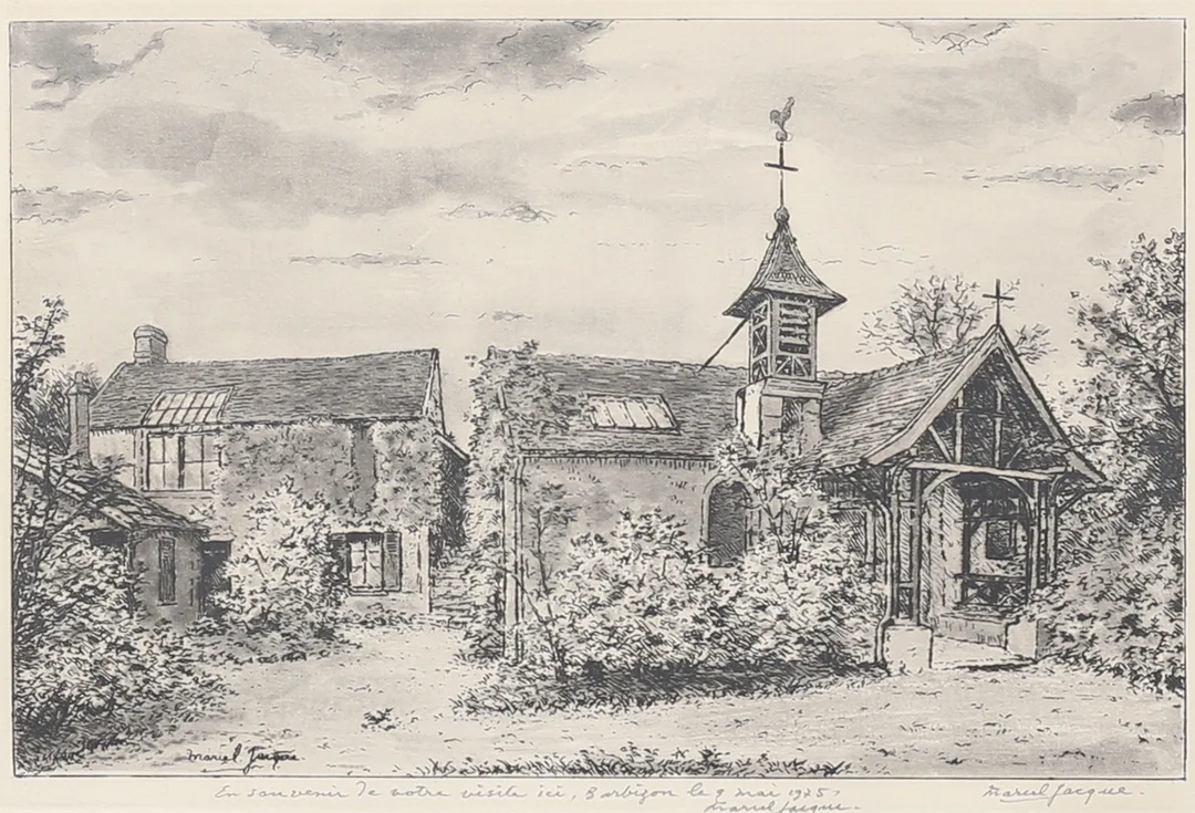 MARCEL JACQUE. "La maison de Th. Rousseau et Eglise de Barbizon". Etsning, signerad och daterad 1975. — Engravings & Prints — Auktionshuset Thelin & Johansson
