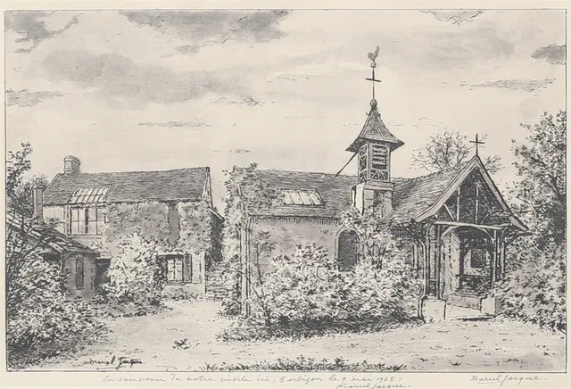 MARCEL JACQUE. "La maison de Th. Rousseau et Eglise de Barbizon". Etsning, signerad och daterad 1975.