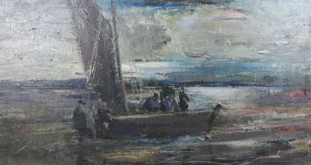 HESS, Öl auf Platte '' Boote vor der Ausfahrt ''.
