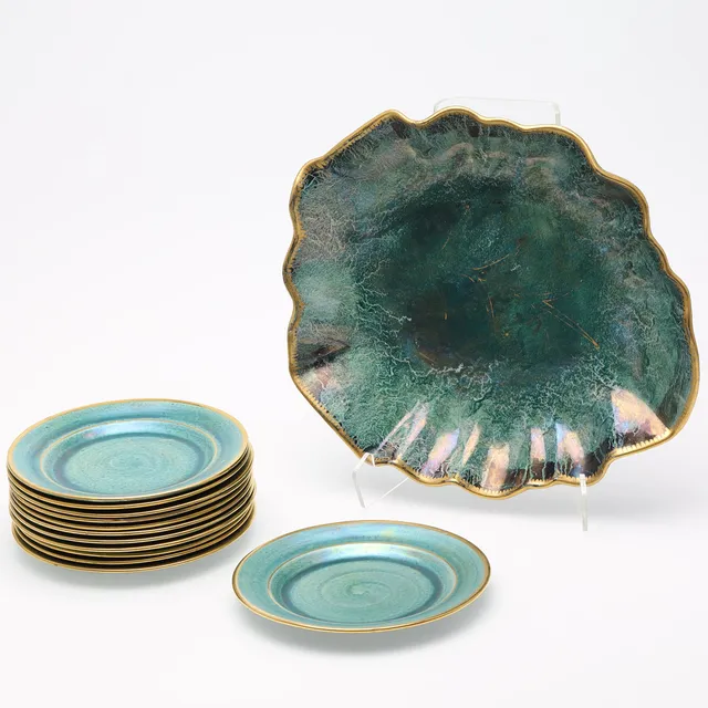 JOSEF EKBERG. fruktservis, 13 delar, 1 lövformat fat, 12 assietter, flintgods, signerade, Gustavsberg.