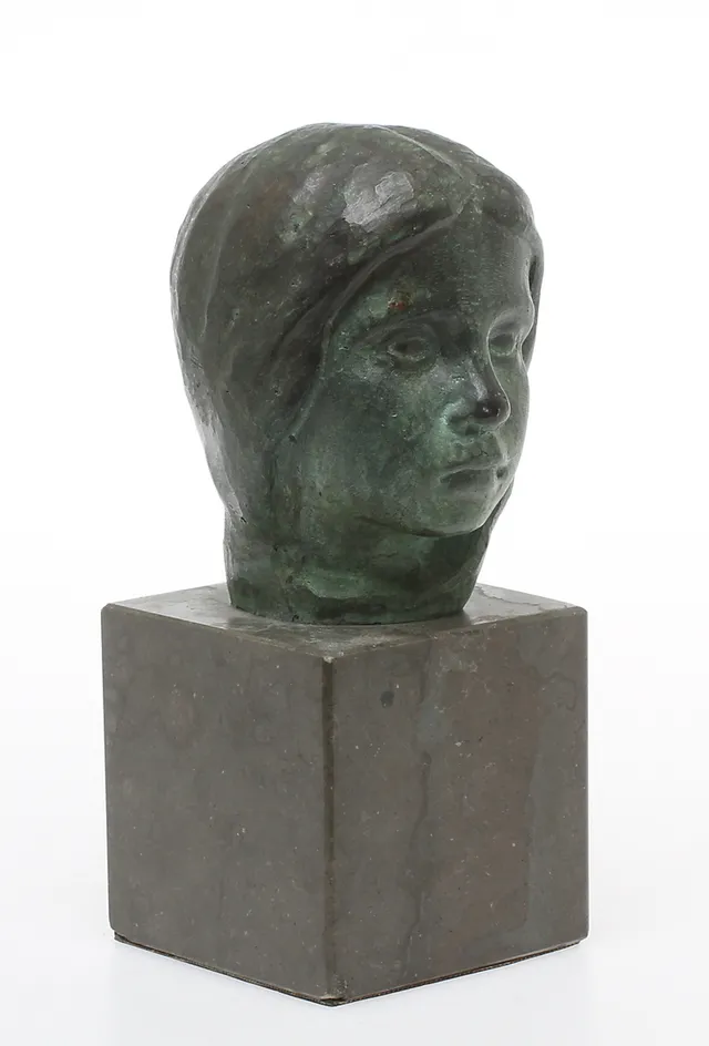 JOHANNES COLLIN. EFTER. byst, "Marie Claire enfant", patinerad brons på stensockel, 1900-tal.