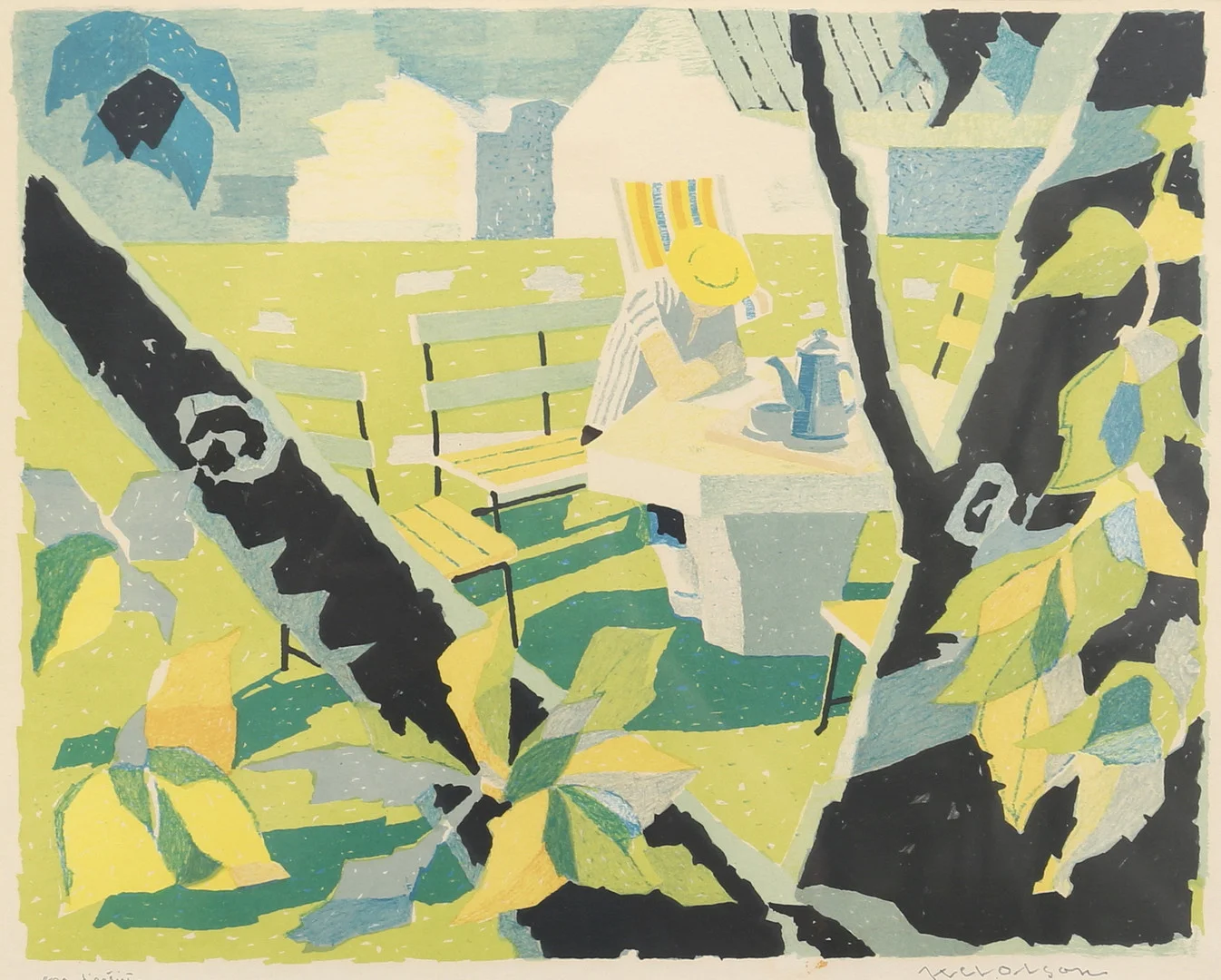 AXEL OLSON. Man vid stenbord. Färglitografi, EA, signerad. — Engravings & Prints — Auktionshuset Thelin & Johansson