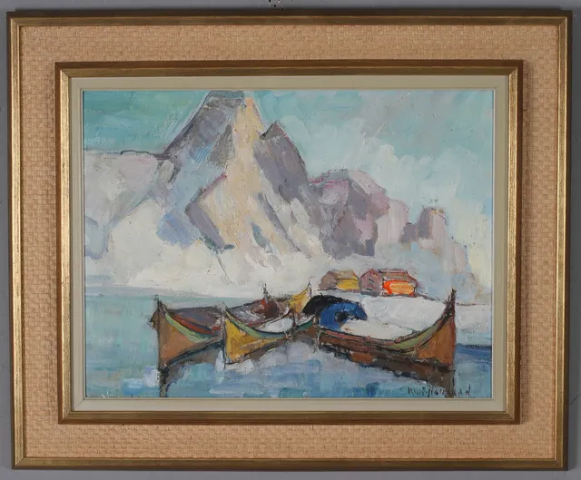 KNUT NORMAN. Fiskebåtar, olja på pannå, signerad.