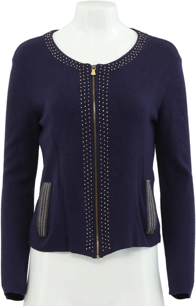 Navy blue cardigan adorned with numerous gold-tone studs, featuring a gold-tone front zipper and two pockets. Length app. 57 cm, chest 42 cm, sleeve length 66 cm. Size S.